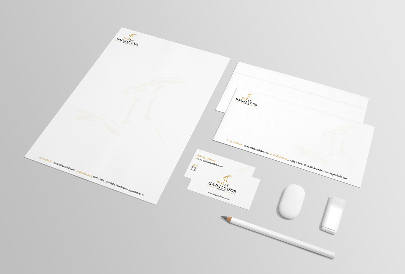 Argraphic Création de charte graphique, création de logo, enveloppe, carte de visite, tête de lettre, hotel de luxe La Gazelle d'or