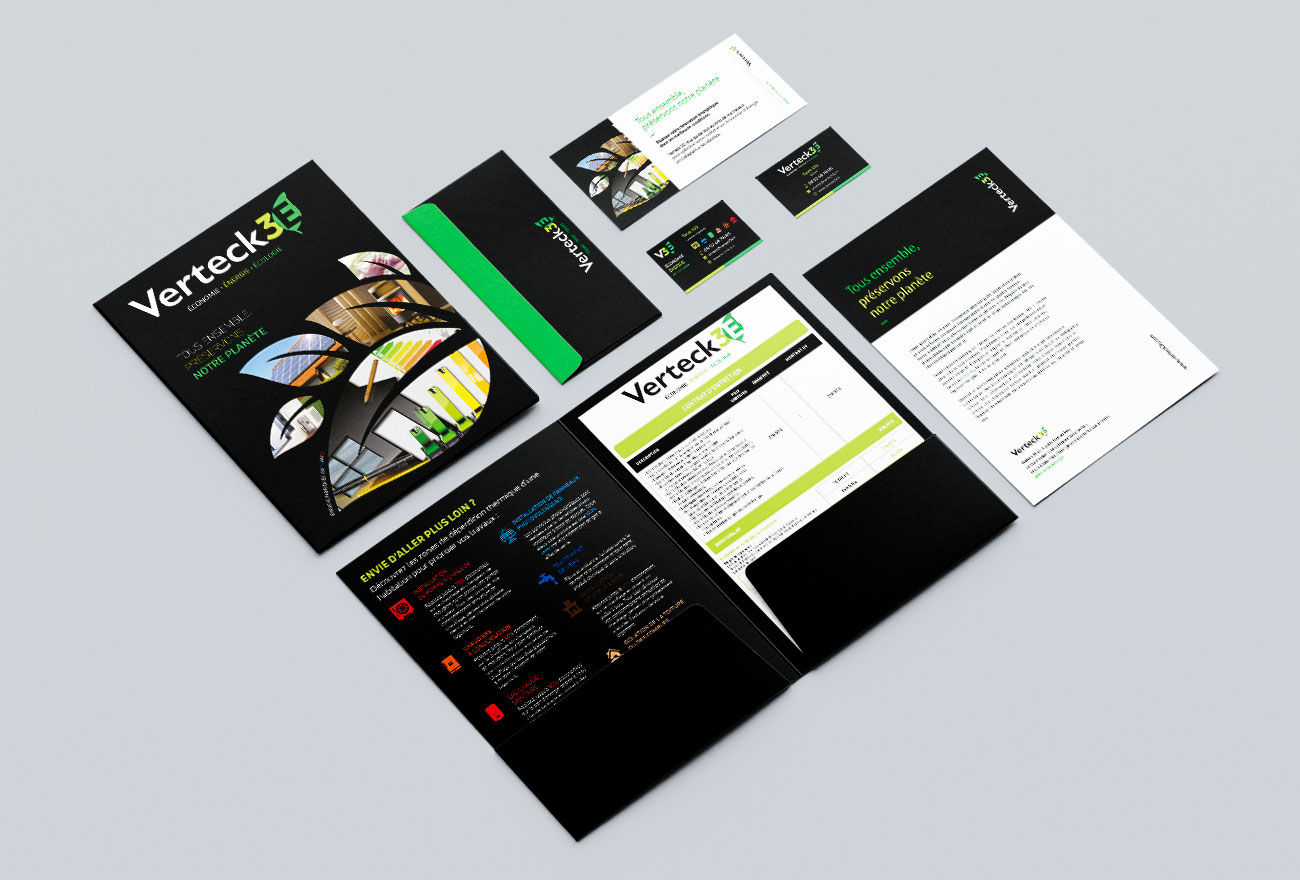 Argraphic Création de charte graphique, logo, carte de visite, chemise à rabat, énergie renouvelable, Verteck3E