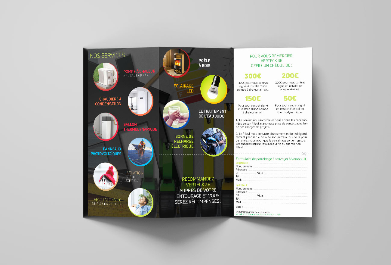 Argraphic Création de dépliant design catalogue, charte graphique, énergie renouvelable, Verteck3E