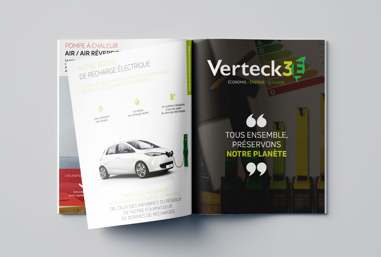 Argraphic Création de mise en page design catalogue, charte graphique, énergie renouvelable, Verteck3E