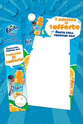 création de publicité, support de communication, PLV, produit sur lieu de vente, stop rayon, Kakémono, Fanta